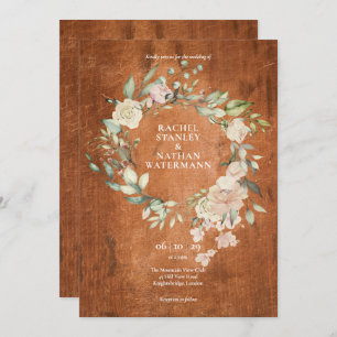 Rustic Wood Watercolour Greenery Floral Wedding Invitation