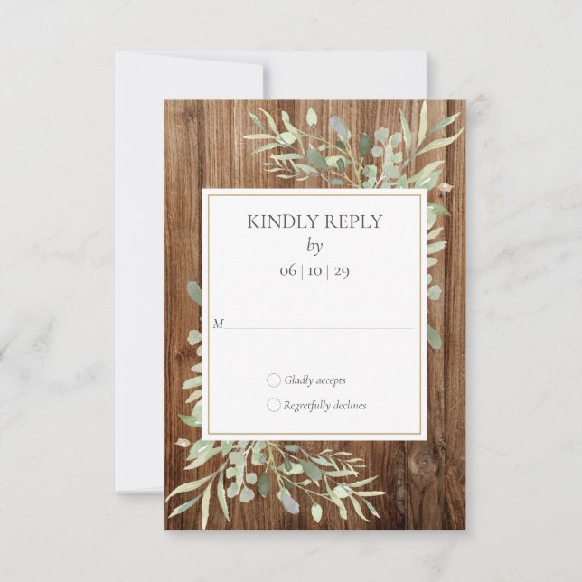 Rustic Wood  Watercolour Greenery Wedding RSVP (Front)