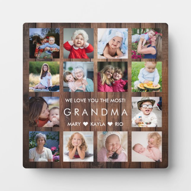 Rustic Wood We Love You Grandma 14 Photo Collage Plaque (Front)