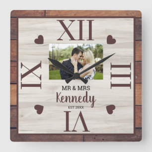 Rustic Wood Wedding Anniversary Couple Photo Square Wall Clock