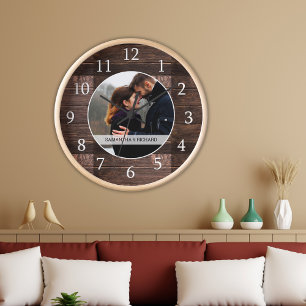 Rustic Wood Wedding Anniversary Custom Photo Large Clock