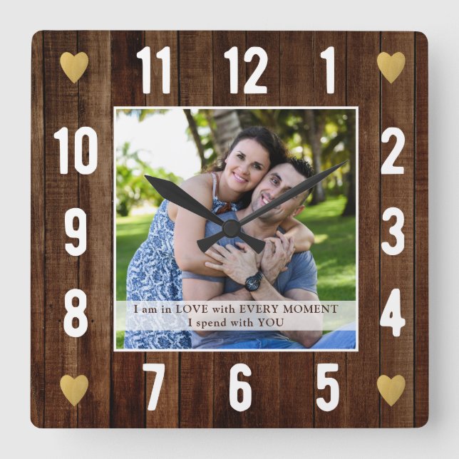 Rustic Wood Wedding Anniversary Quote Photo Square Wall Clock (Front)