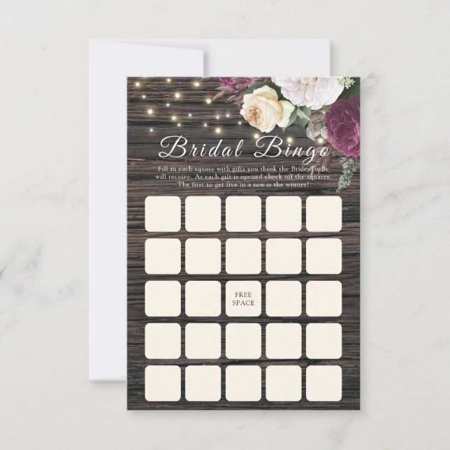Rustic wood Wedding Bridal Bingo (Front)
