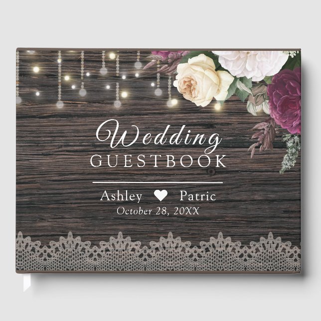 Rustic wood Wedding Lace Floral Guest Book (Front)