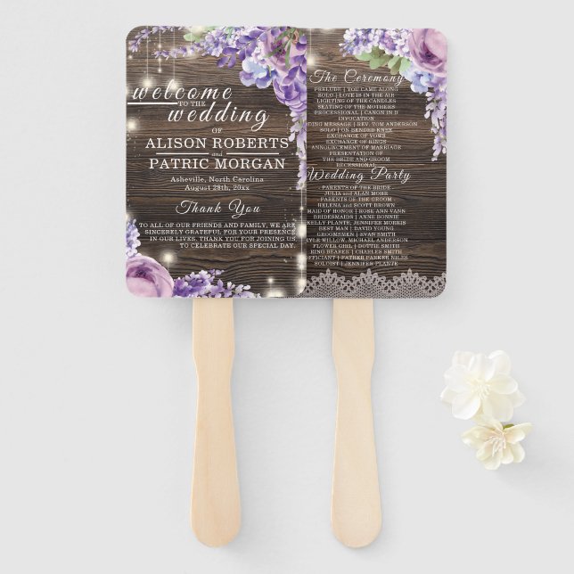 Rustic wood Wedding Lace Lavender Wedding Program Hand Fan (Front and Back)