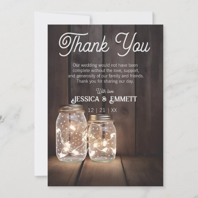 Rustic Wood Wedding Mason Jar Light Strings Custom Thank You Card (Front)