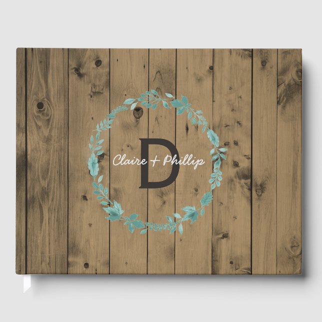 Rustic Wood Wedding Monogram | Botanical Wreath Guest Book (Front)