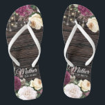 Rustic wood Wedding Mother of the Bride Thongs<br><div class="desc">Rustic wood Wedding Mother of the Bride design with lace details and string of lights. Beautiful floral details are in first plan and make these design elegant and chic. Design is easy to personalise, if you wish to change fonts please Click to customise further. This design is perfect for outdoor...</div>