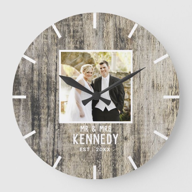 Rustic Wood Wedding Photo Anniversary Personalized Large Clock (Front)