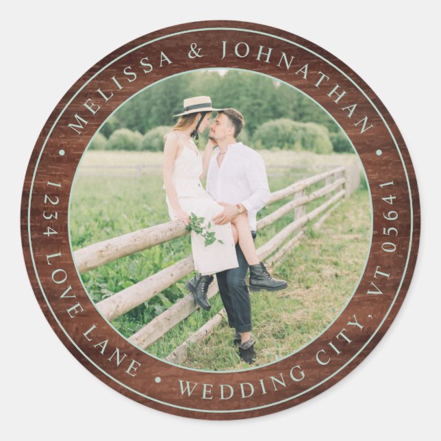 Rustic Wood Wedding Photo Return Address Classic Round Sticker (Front)