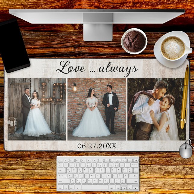 Rustic Wood Wedding Photo Template  Desk Mat (An elegant desk mat featuring a light rustic wood background and your own favorite wedding photos)