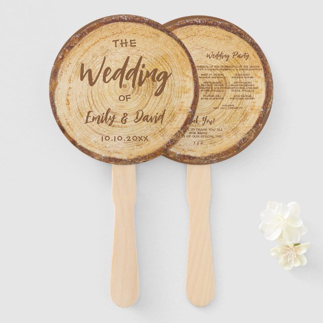 Rustic Wood Wedding Program Brown Handwriting Hand Fan (Front and Back)