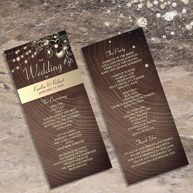 Rustic Wood Wedding Program with String Lights (Creator Uploaded)