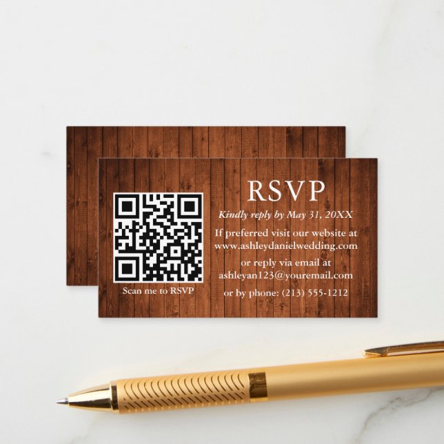 Rustic Wood Wedding QR RSVP Enclosure Card (Front/Back In Situ)