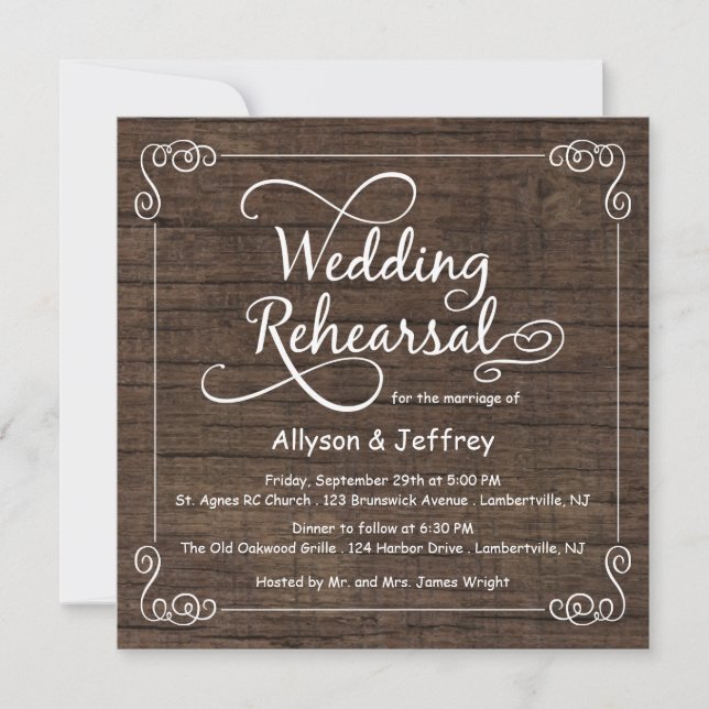Rustic Wood Wedding Rehearsal Dinner Invitations (Front)