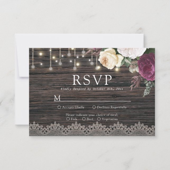 Rustic wood Wedding RSVP with meal choice Card (Front)