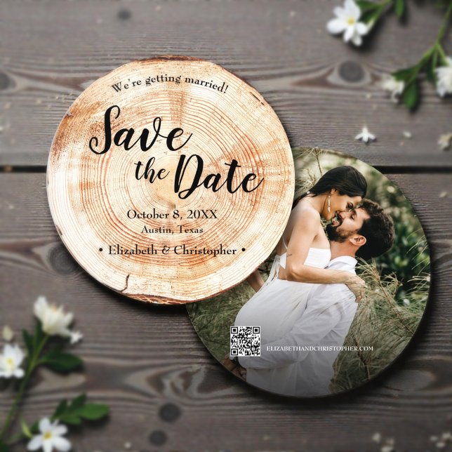 Rustic Wood Wedding Save the date photo QR code Invitation (Rustic wedding wood photo save the date with QR code wedding website.)