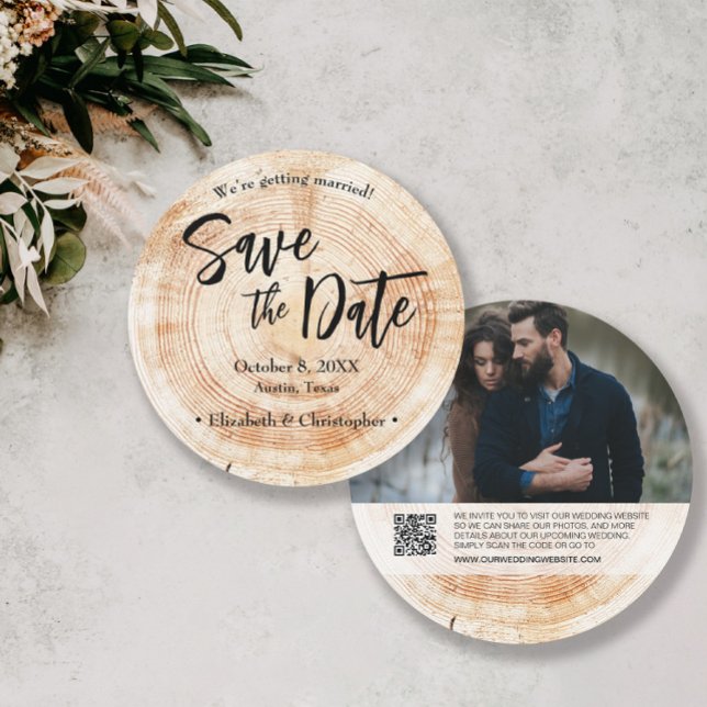 Rustic Wood Wedding Save the date Photo website Invitation (Unique Rustic wood grain round save the date photo wedding card with qr code to wedding website.)