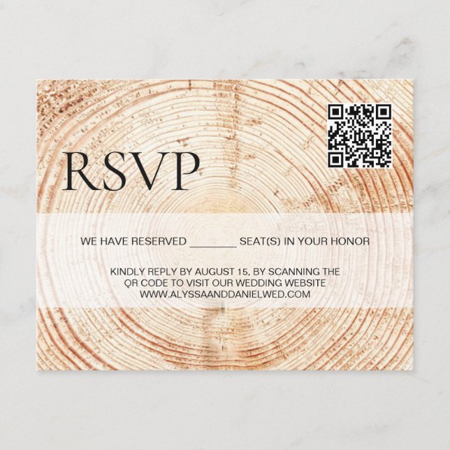 Rustic wood Wedding website QR code rsvp  Enclosure Card (Front)