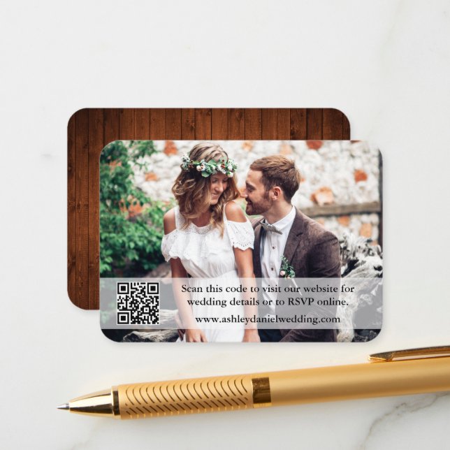 Rustic Wood Wedding Website QR Overlay Photo Enclosure Card (Front/Back In Situ)
