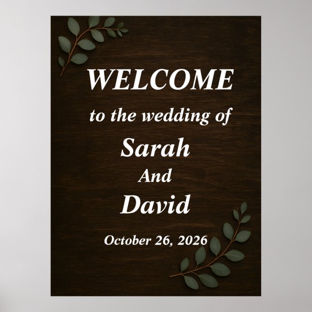 Rustic Wood Wedding Welcome Sign with Eucalyptus L (Front)