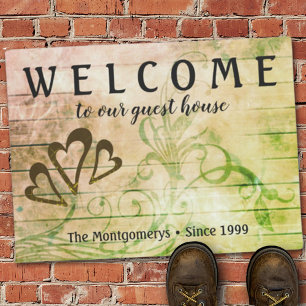 Rustic Wood Welcome Hearts Custom Name Doormat