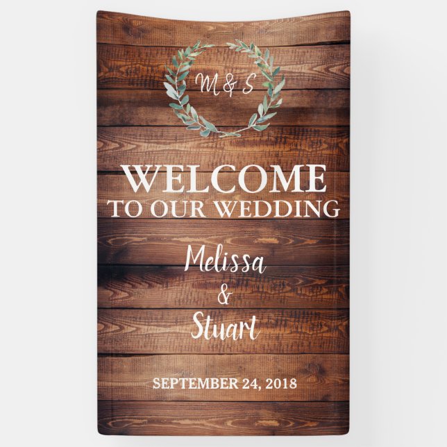 Rustic wood Welcome to our Wedding monogram Banner (Vertical)