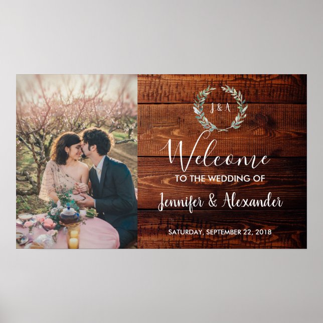 Rustic wood welcome to our wedding photo poster (Front)