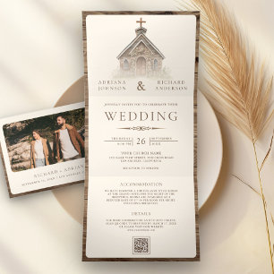 Rustic Wood Western Chapel All in One Wedding Tri-Fold Invitation
