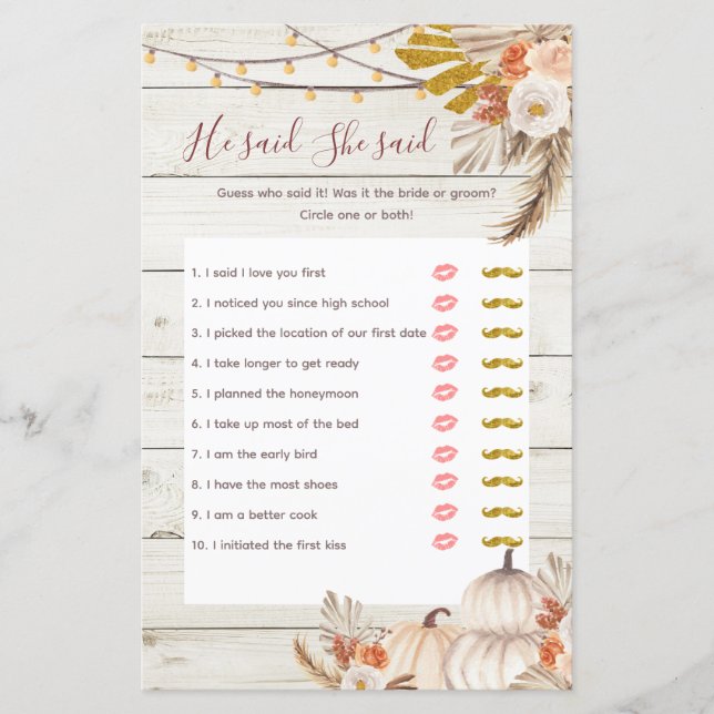 Rustic Wood White Cream He said She said Game Card (Front)
