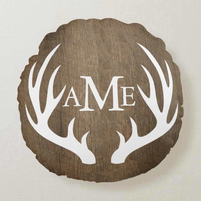 Rustic Wood White Deer Antlers Wedding Round Cushion (Front)