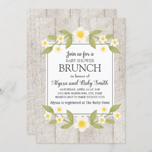 Rustic Wood White Floral Baby Shower Brunch Invitation