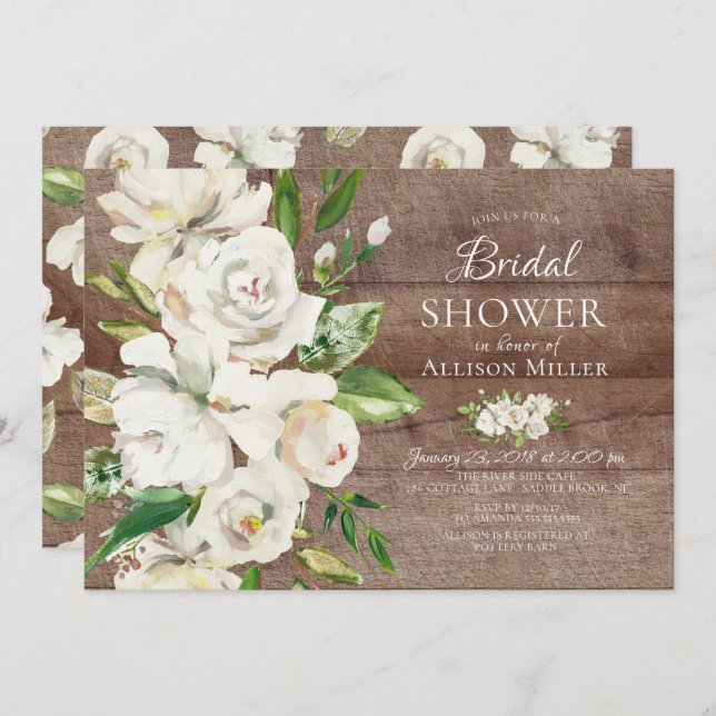 Rustic Wood White Floral Bridal Shower Invitations (Front/Back)