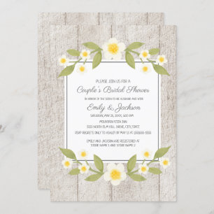 Rustic Wood White Floral Couple's Bridal Shower Invitation