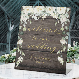Rustic Wood White Floral Gold Fancy Calligraphy Pedestal Sign