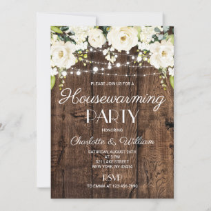 Rustic Wood White Floral Housewarming Party Invitation