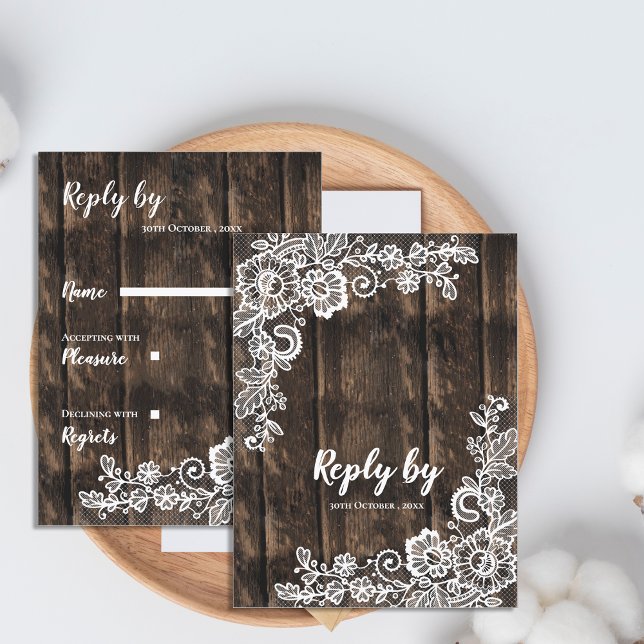 Rustic Wood White Floral Lace Country Wedding RSVP Postcard (Rustic Wood White Floral Lace Country Wedding RSVP Postcard)