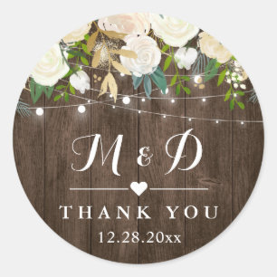 Rustic Wood White Floral Monogram Wedding Favour Classic Round Sticker