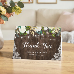 Rustic Wood White Floral String Lights Thank You Card