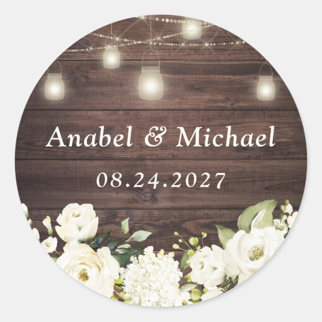 Rustic Wood White Flowers Mason Jar Sticker (Front)