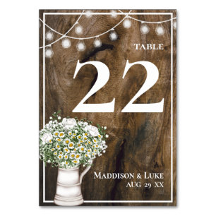 Rustic Wood White Flowers String of Lights Wedding Table Number