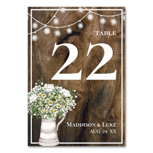 Rustic Wood White Flowers String of Lights Wedding Table Number (Front)