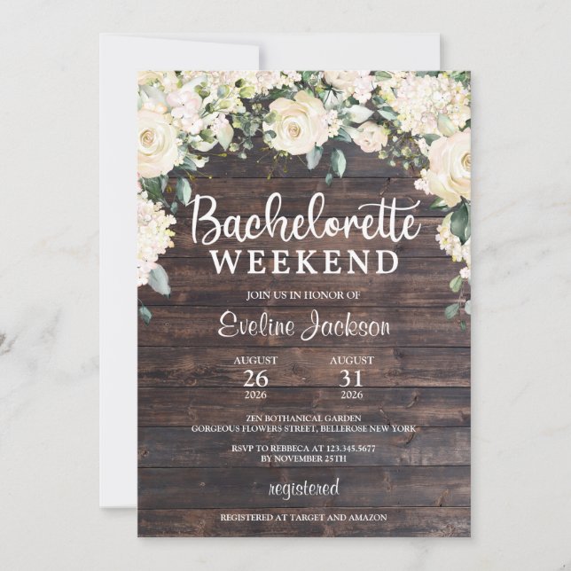 Rustic wood white hydrangea roses bachelorette invitation (Front)
