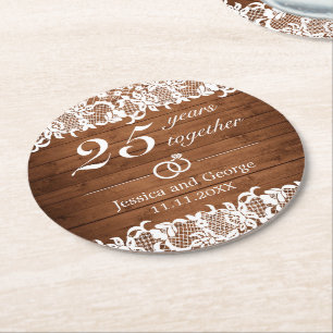Rustic Wood & White Lace Anniversary Round Paper Coaster