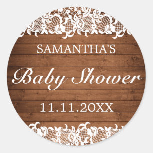 Rustic Wood & White Lace Baby Shower Classic Round Sticker