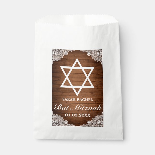 Rustic Wood & White Lace Bar Bat Mitzvah Favour Bag (Front)