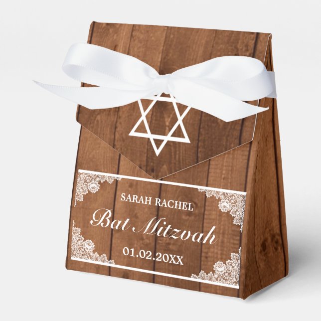 Rustic Wood & White Lace Bar Bat Mitzvah Favour Box (Front Side)