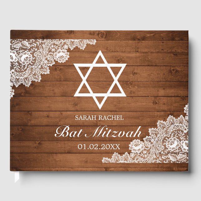 Rustic Wood & White Lace Bar Bat Mitzvah Guest Book (Front)