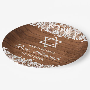 Rustic Wood & White Lace Bar Bat Mitzvah Paper Plate
