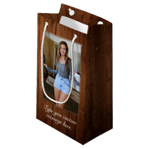 Rustic Wood & White Lace Birthday Photo Small Gift Bag